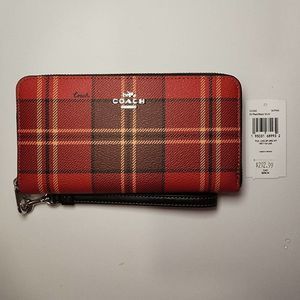 Coach CC335 Long Zip Around Wallet W/Tartan Plaid Print in Red Black Multi